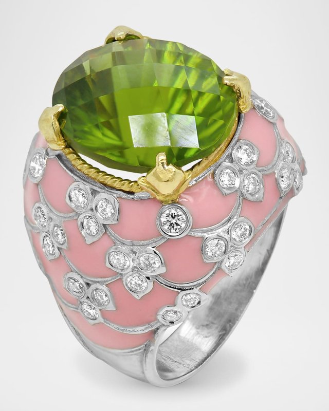 18K White Gold Oval Peridot Ring with Pink Enamel and White Diamonds